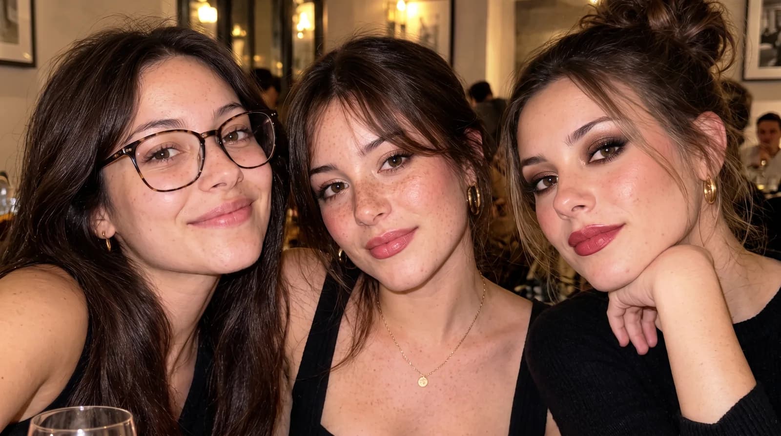One photo, three looks: Barely on the friend on the left, Evening in the middle, Bold on the right