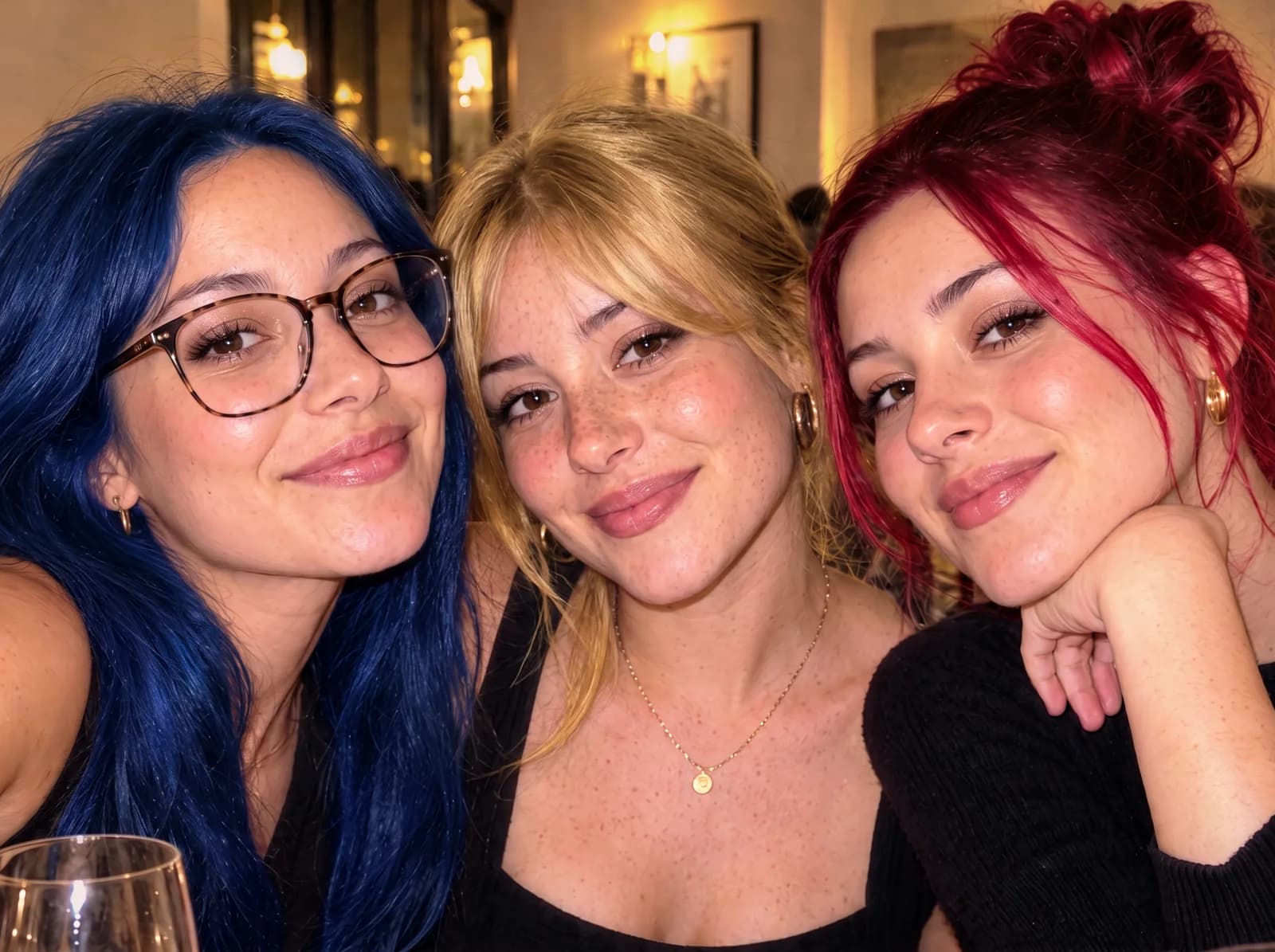 Three friends in one photo with Evening makeup and new hair colors: electric blue, golden blonde and cherry red