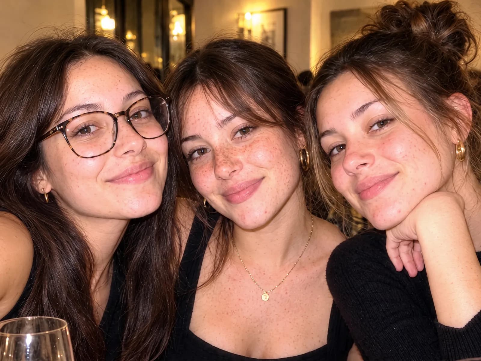 Three friends in a restaurant, No makeup